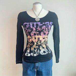 Guess black long sleeve top with pink stitching and graphic print